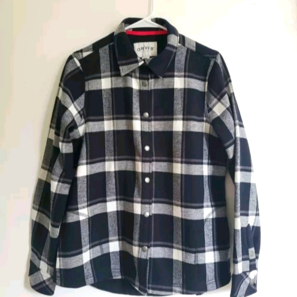 Orvis Women's Sz M Fleece Lined Flannel Snap Up Black Buffalo Check Shirt Jacket